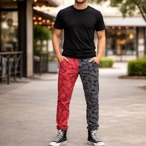 Valabasas Mens Paisley Print Slim Fit Pants 32‎ Red Black Split Bandana Stretch
